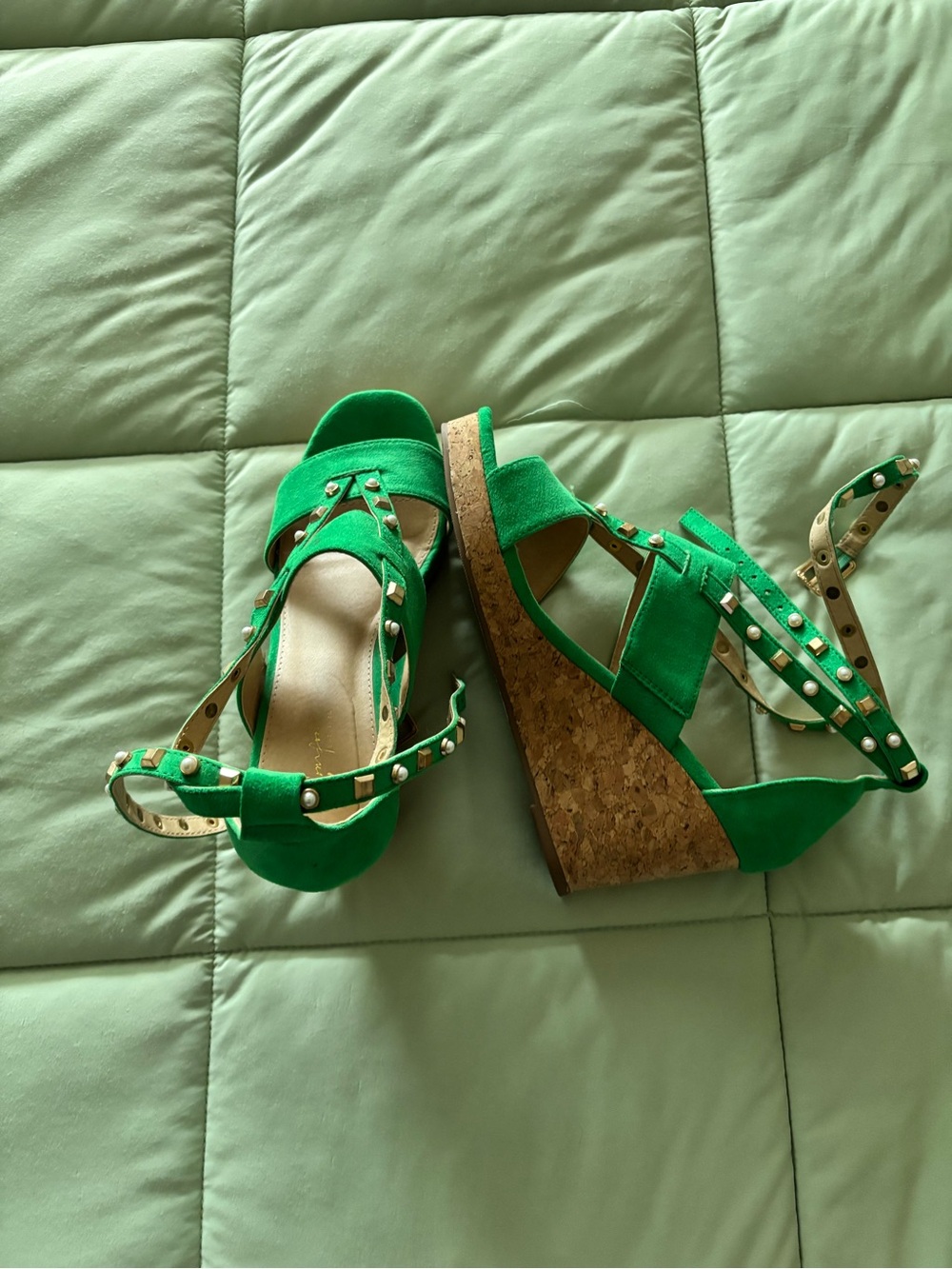 SAS Bright Green Suede Cork Wedge Sandals with Studded Straps